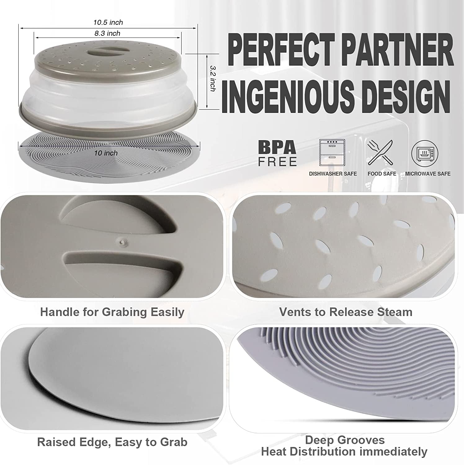 2 in 1,  Microwave Place Mat & Food Cover- Mat as Bowl Holder, for Splatter Guard, Multi-Use: Silicone Trivet, Pot Holders, Drying, Baking, Utensils Rest for Kitchen Counter, Grey