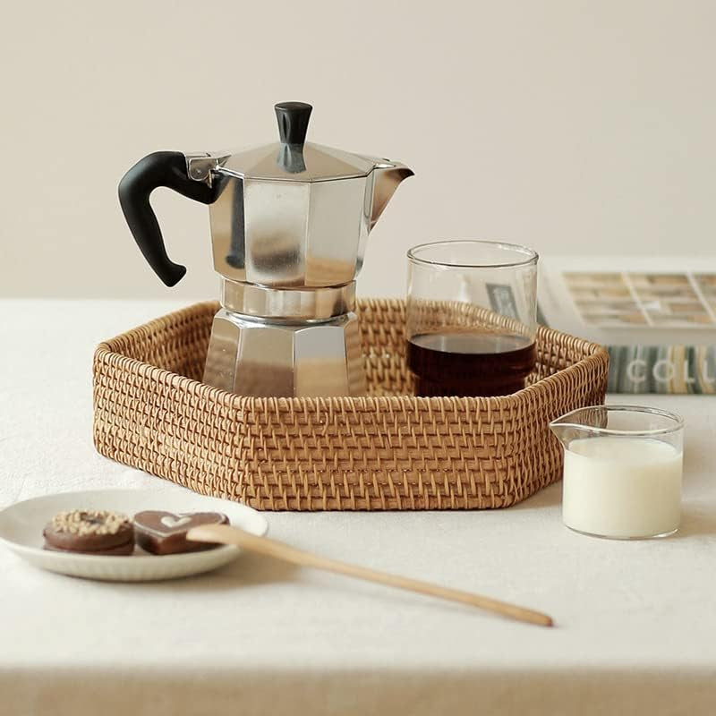 Hexagon Rattan Serving Tray for Coffee Table Woven Decorative Basket Trays for Ottoman Natural (9.8Inch X 2Inch)