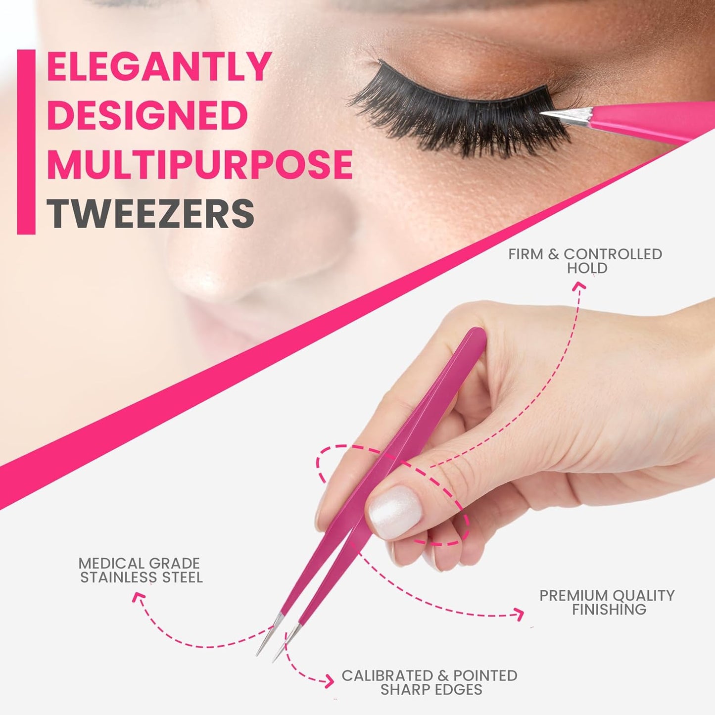 Professional Tweezers 4 Piece Set, Stainless Steel Slant, Pointed, Flat & Curved Tweezers for Eyebrows, Ingrown Hair & Splinter Removal, Grooming & Beauty Tools, Pink
