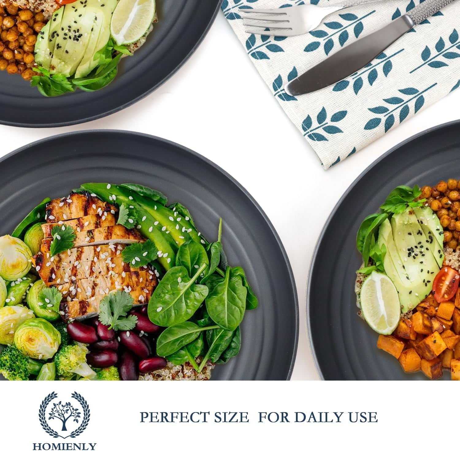 Set of 12 Deep Dinner Plates - Eco-Friendly Wheat Straw, Microwave & Dishwasher Safe, Unbreakable Design for Children (Black, 10 Inch)