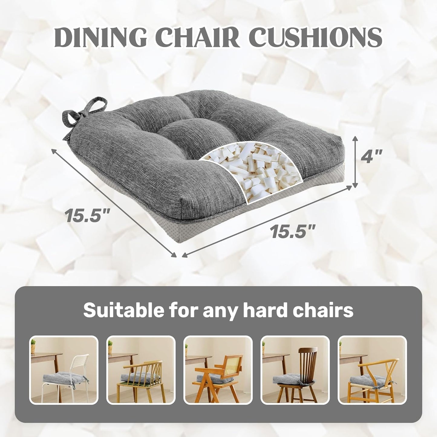 ® Chair Cushions for Dining Chairs, Tufted Memory Foam Chair Pads with Non-Slip Backing, Kitchen Seat Cushions with Ties, Washable Seat Pad Set of 4, 15.5" X 15.5" X 4", Dark Grey