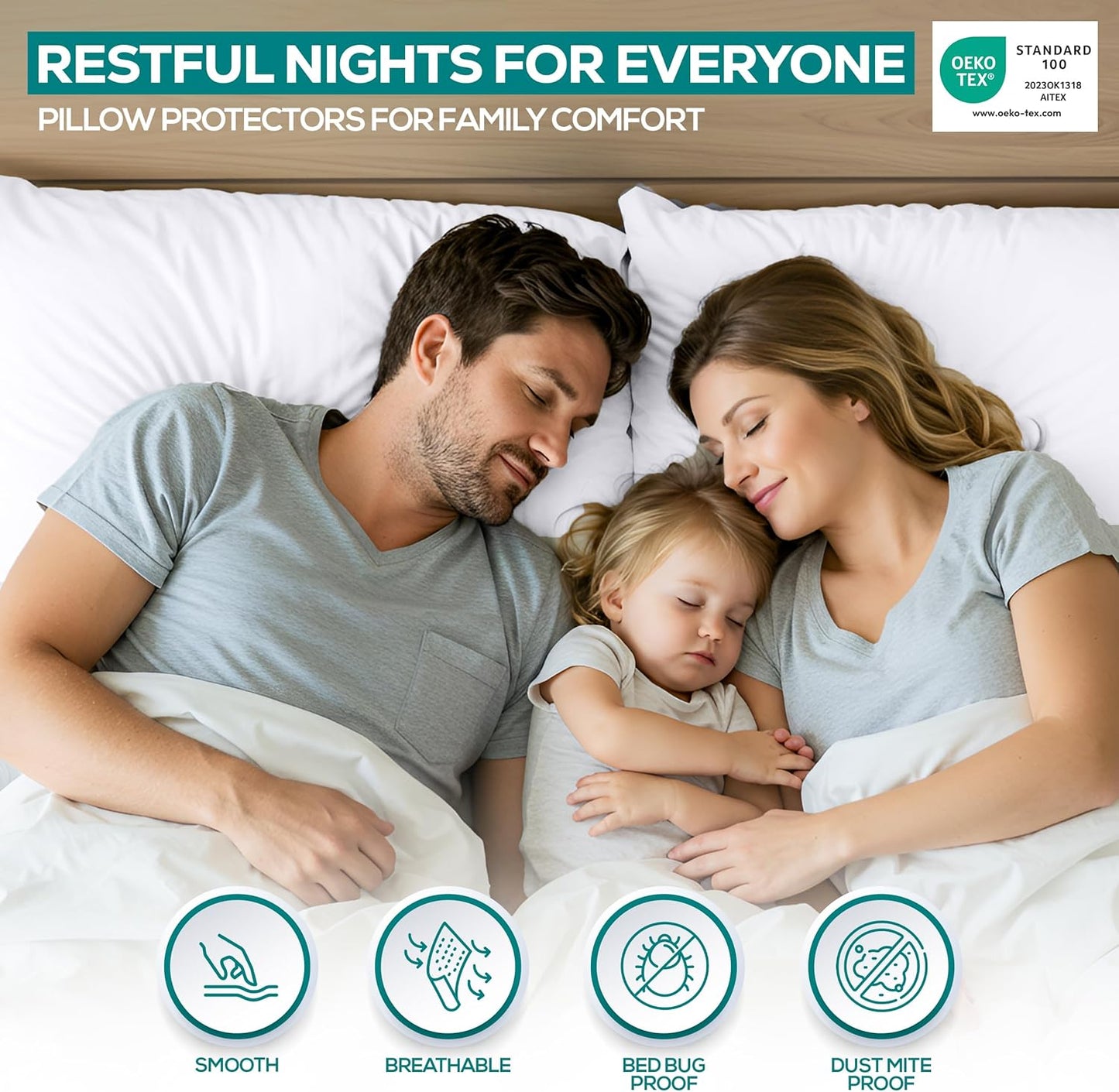 Waterproof Pillow Protectors Zippered Standard Size (2 Pack, White), Zippered Pillowcases, Bed Bug Proof Pillow Encasement Covers 20 X 26 Inches