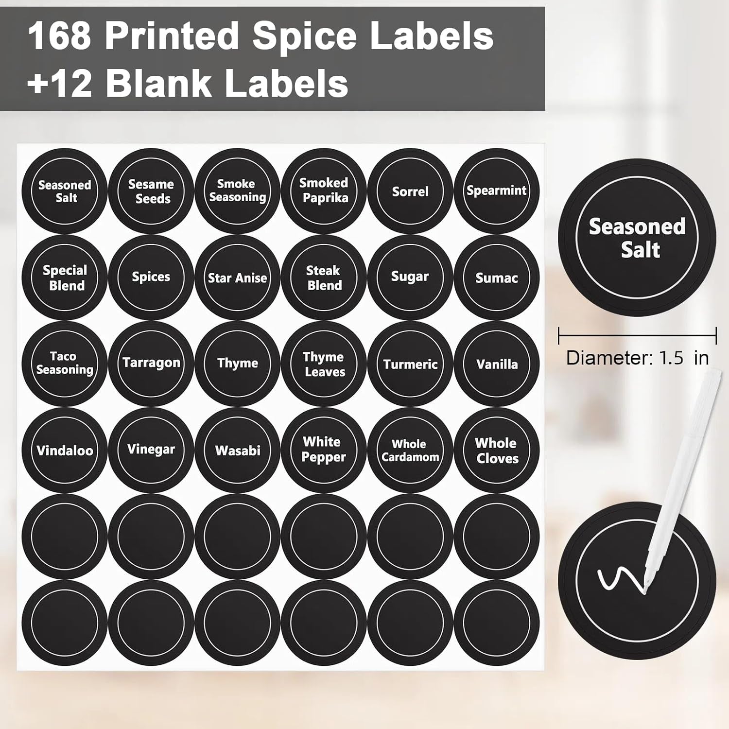 180 Spice Labels for Food Containers, Chalkboard Labels for Jars, Spice Label Stickers Herb Seasoning Kitchen Pantry Labels, Small Chalk Sticker Spice Jar Label round 168 Printed, 1 Erasable Chalk