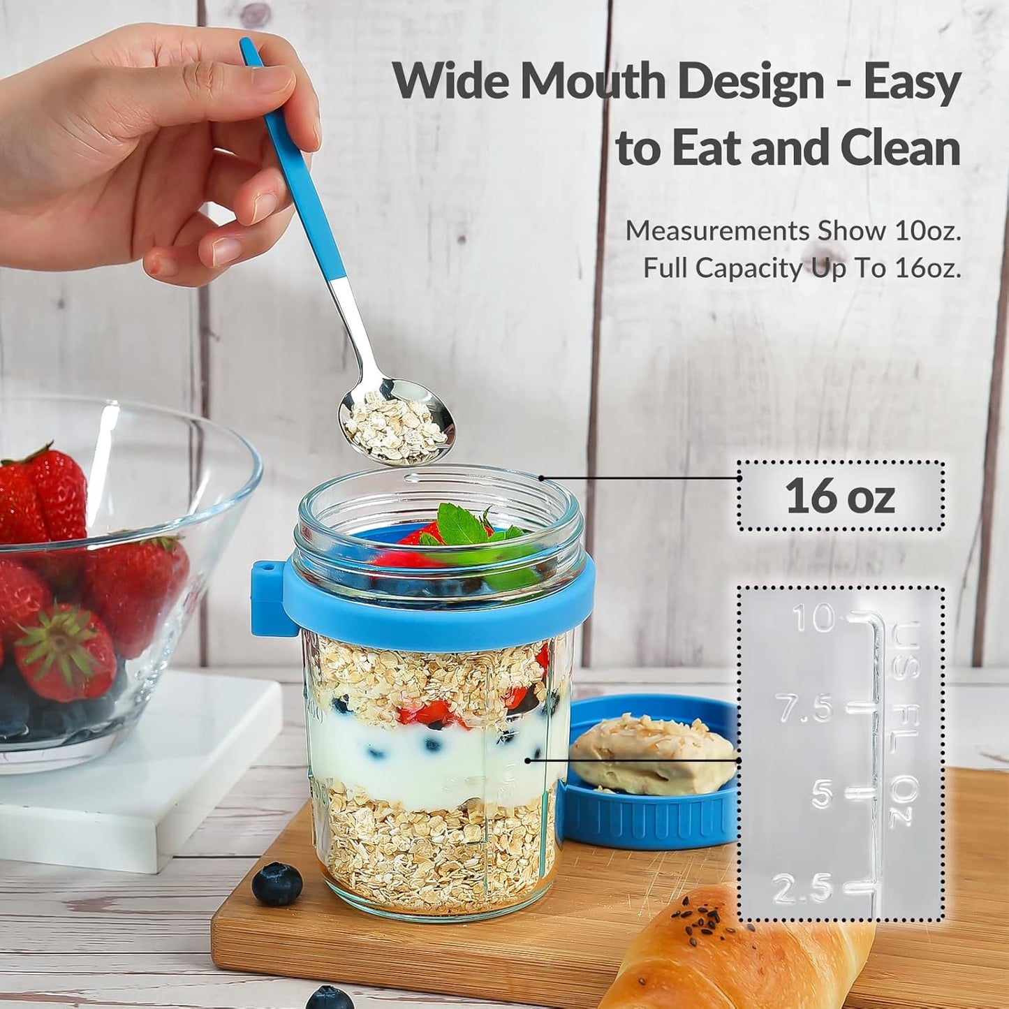 Set of 4 Leak-Proof 16 Oz Glass Mason Jars with Lids and Spoons for Overnight Oats, Cereal, Fruits, Vegetables, Milk, Salad, Yogurt, and Meal Prep