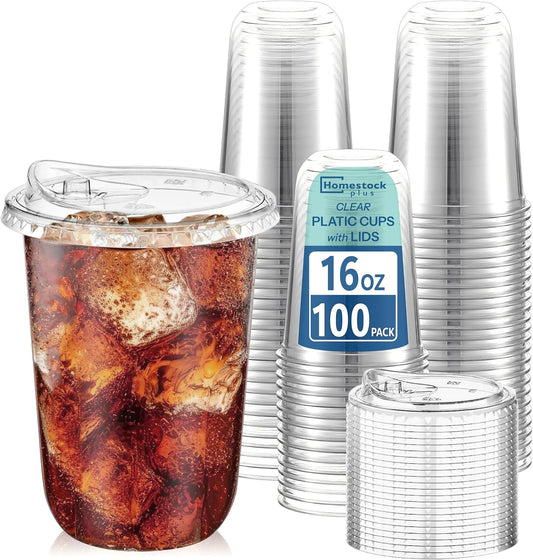 16 Oz Clear Plastic Cups with Lids (100 Pack) - Strawless Sip Lids, Leak-Proof & Bpa-Free Iced Coffee Cups - Disposable Cold Drink Cups for Smoothies, Milkshake, Parties, Events