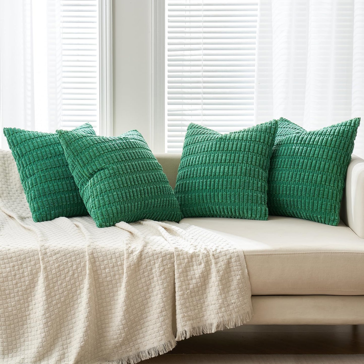 Pack of 4 Forest Green Corduroy Decorative Throw Pillow Covers 18X18 Inch Soft Boho Striped Pillow Covers Modern Farmhouse Home Decor for Sofa Living Room Couch Bed