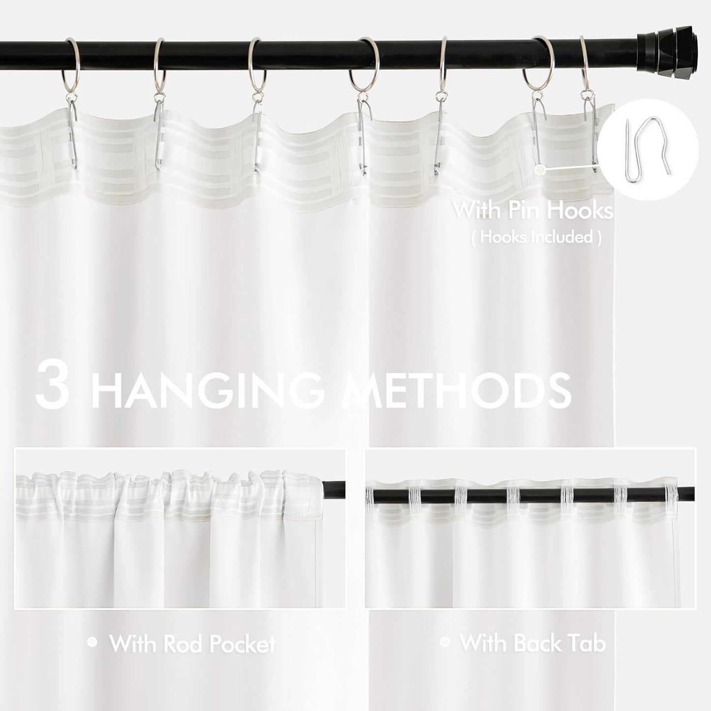 Pure White Back Tab Blackout Curtain Set, 96-Inch Length, 2 Panels for Bedroom, Rod Pocket/Pinch Pleat, Thermal Insulated Light Blocking Drapes for Living Room