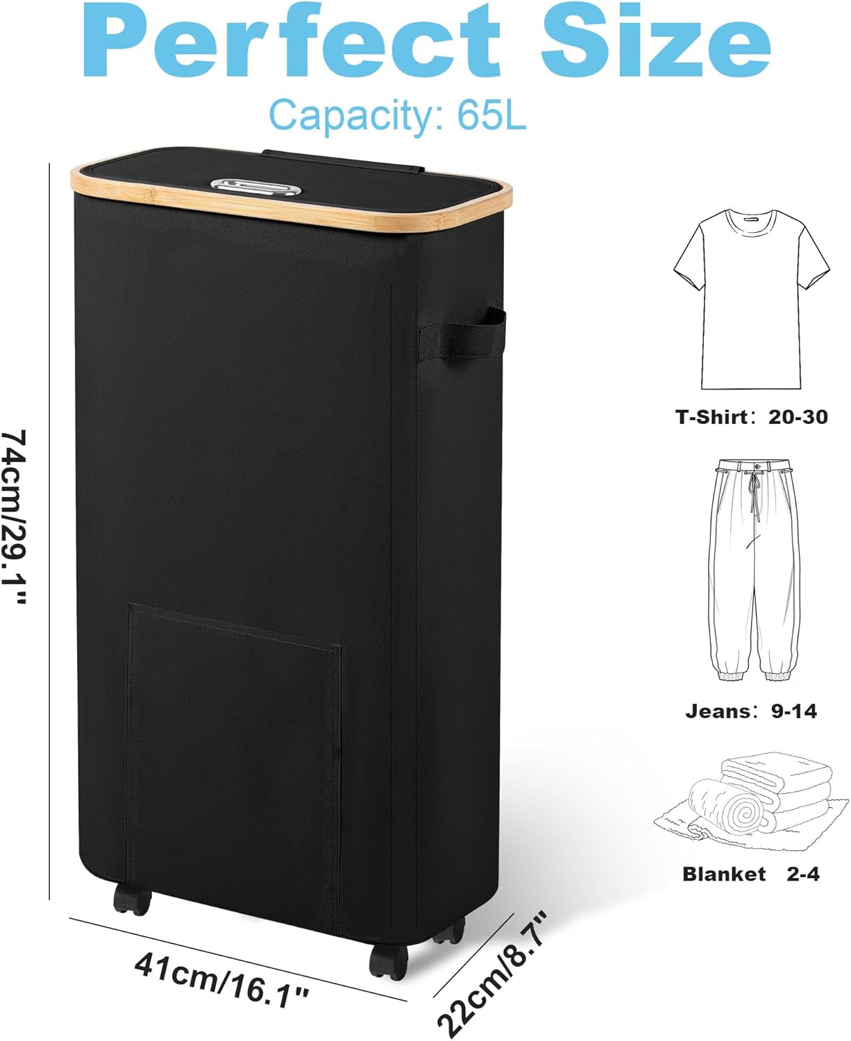 Laundry Basket with Wheels, Tall Dirty Clothes Hamper on Wheels, Rolling Laundry Hamper with Lid for Dorm, Bedroom and Bathroom (Black, 65L)
