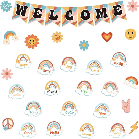 61Pcs Retro Welcome Back to School Bulletin Board Welcome Poster Banner Groovy Rainbow Theme Welcome Sign Decor with Glue Point for First Day of Kindergarten Preschool Classroom Decorations