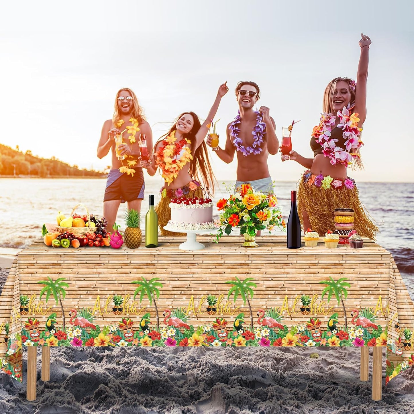 3Pcs Hawaiian Luau Tablecloth Tiki Party Tablecloths Tropical Table Cloth Plastic Disposable Rectangle Table Covers for Tiki Bar Tropical Summer Beach Pool Birthday Party Decorations ,108X 54 Inch