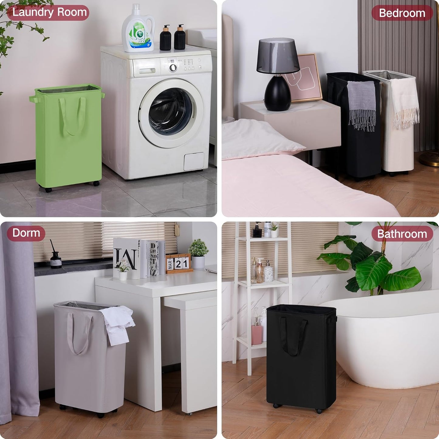 Slim Laundry Hamper with Wheels, Rolling Laundry Basket for Clothes, Small Laundry Basket for Bedroom, Dorm and Laundry Room, 60L (12.7 Gallons) Green