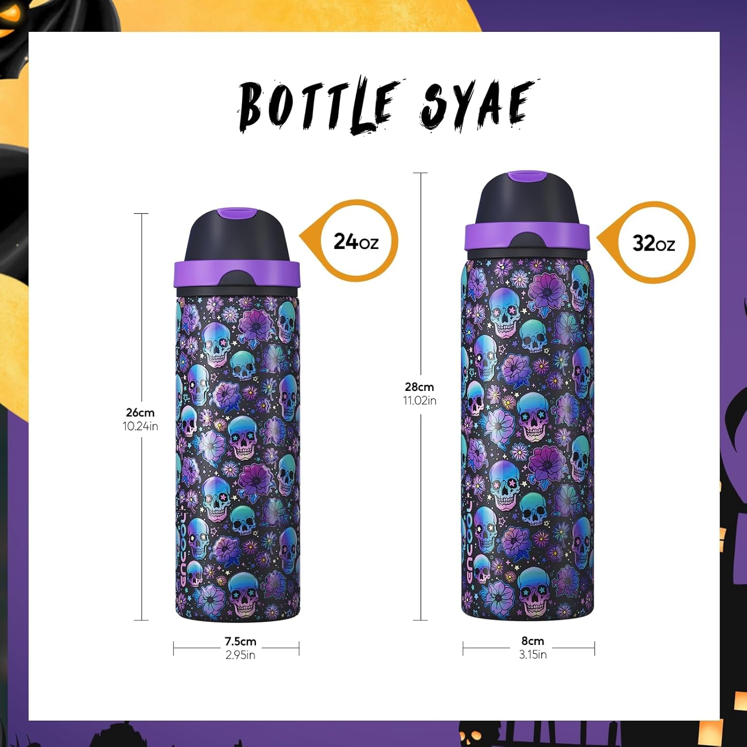Halloween Insulated Water Bottle with Straw - Stainless Steel Water Bottle with Push Button Lid, Leak-Proof Bpa-Free, Keeps Cold for 24 Hours for Halloween Gifts, Party (32 Oz, Floral Afterlife)