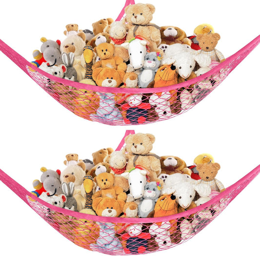 Stuffed Animal Net Hammock for Plushie Toys, Stuffed Animal Hammock Corner for Kids' Room Decor, Ideas for Organizing Stuffy Collection, 2 Pack, Pink