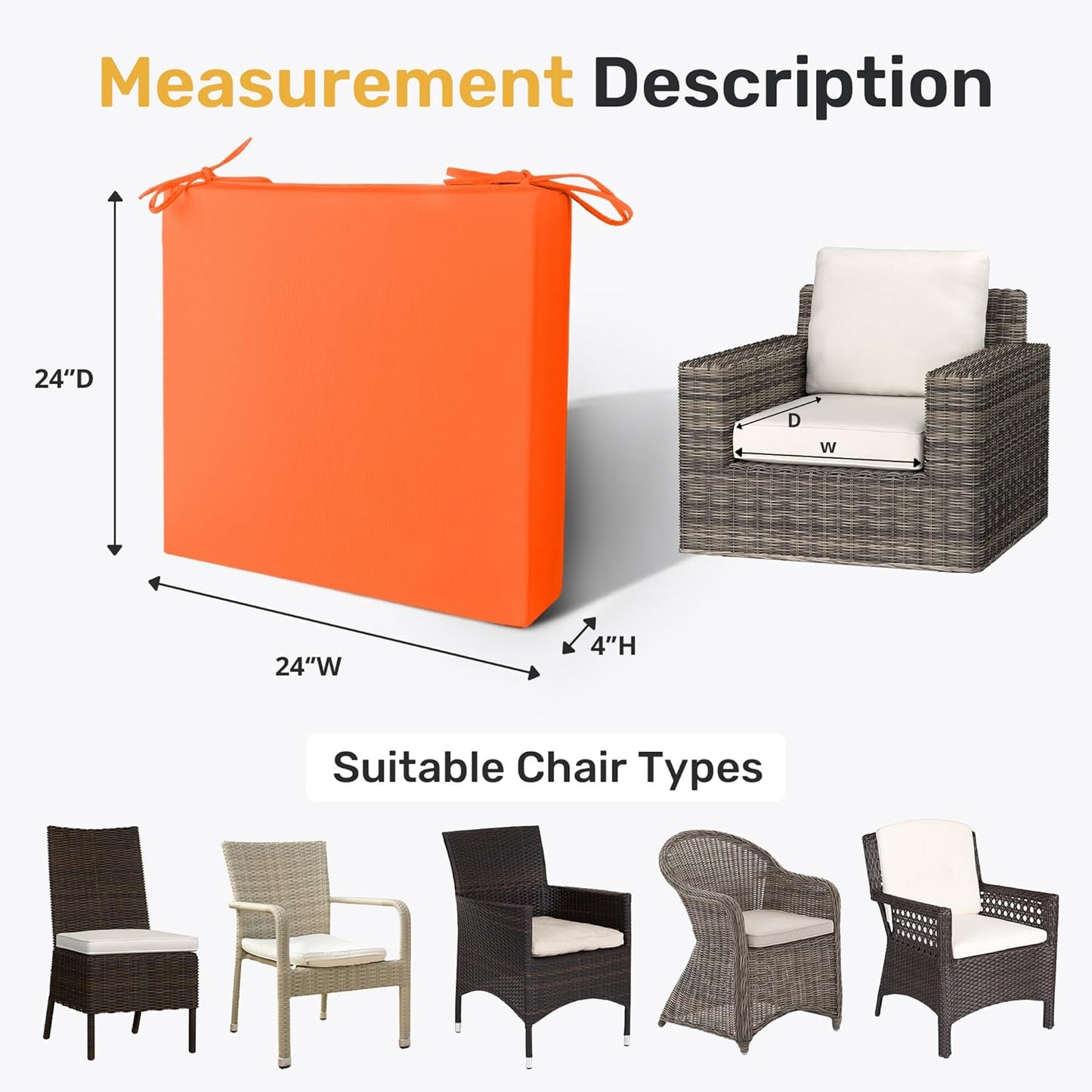 Outdoor Chair Cushions Pack of 2, Water Resistant Patio Cushions with Ties, High Density Sponge Filling Square Corner Seat Cushions for Outdoor Furniture, 24"*24"*4", Orange