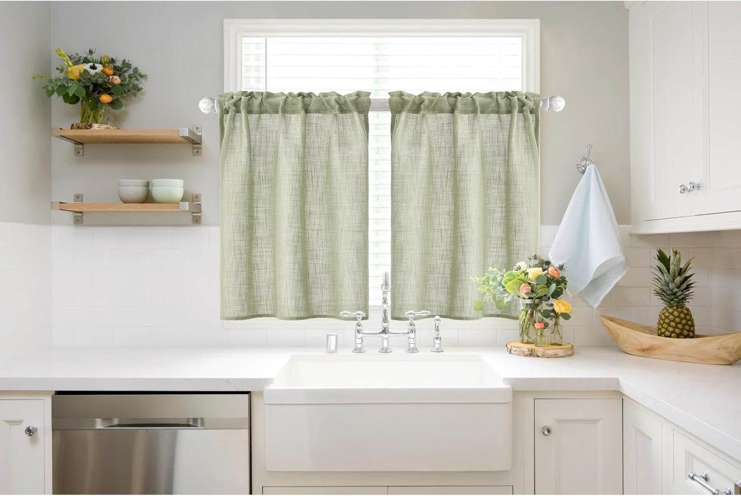 Linen Textured Kitchen Window Curtains over Sink 24 Inch Length Semi Sheer Farmhouse Small Small Curtains for Cafe Bathroom Basement, Short Rod Pocket Tier Curtains 2 Panels W26XL24, Sage Green