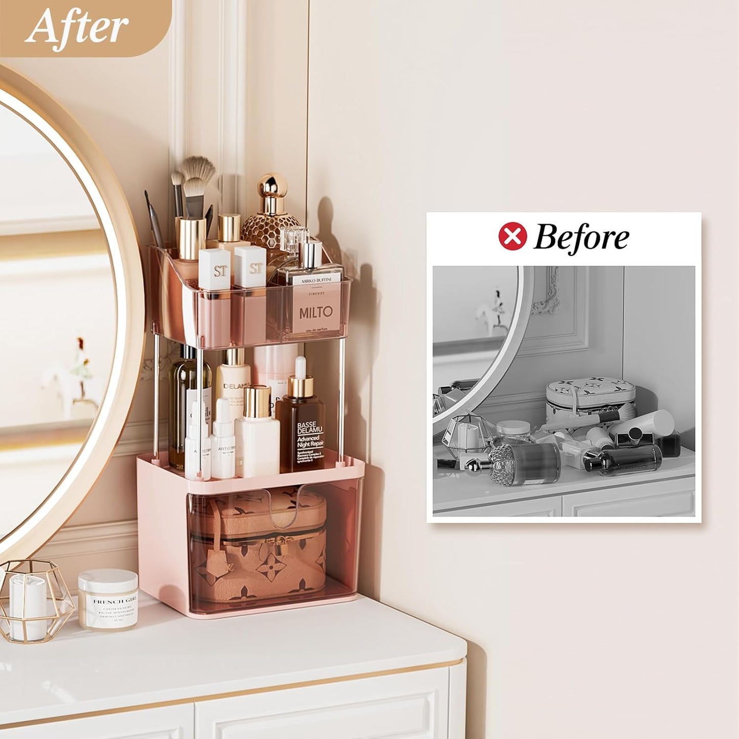 Makeup Organizer Countertop, 3-Tier Vanity Organizer with Large Drawers and Top 6-Grid Section, Suitable for Bathroom Counter, Dresser, Storage for Cosmetics, Skincare, Perfume, Lipstick, Pink