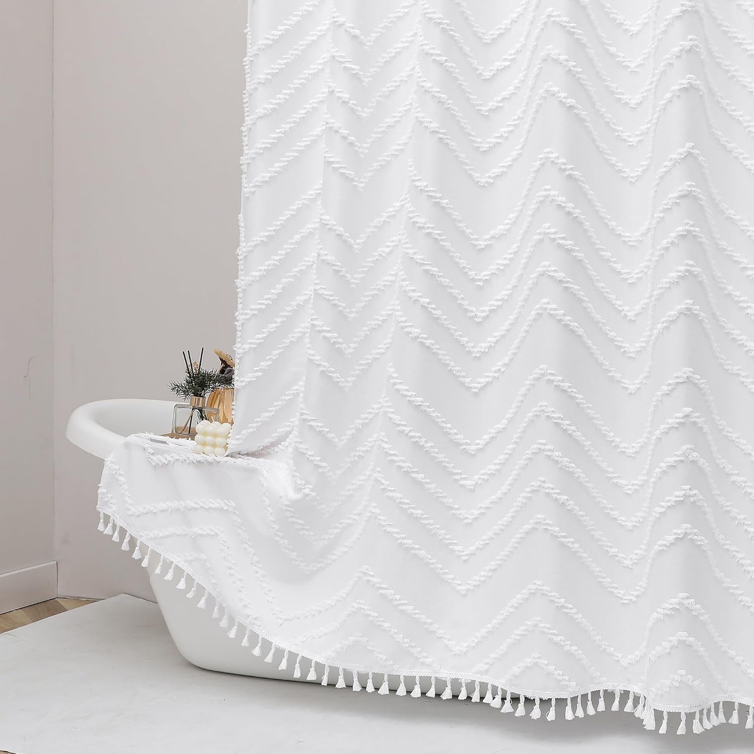 Boho Shower Curtain, White Fabric Cloth Shower Curtains Farmhouse Tufted Chevron Striped Textured with Tassel for Bathroom, Soft Hotel Style Modern Minimalist, Machine Washable, 72X72, White