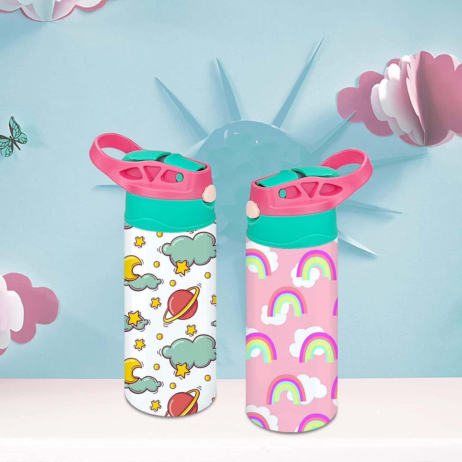 Kids Sublimation Tumbler,25 PACK 12Oz Stainless Steel Sublimation Sippy Cup,Double Wall Insulated Kids Tumbler with Handle,Spill Proof Lid,Shrink Films,Silicone Bottoms,For Water,Drinks