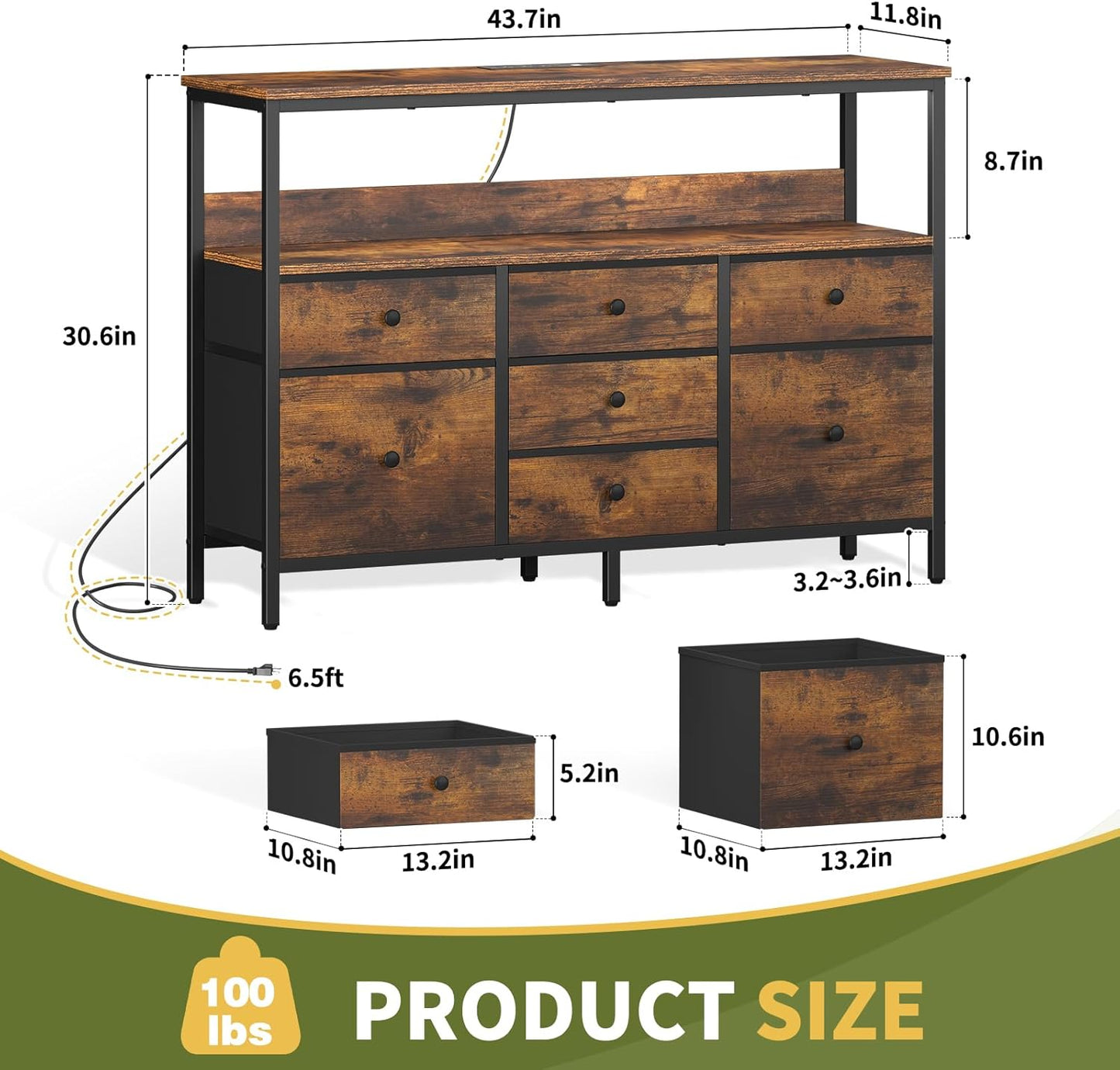 LED TV Stand for Bedroom, 50 Inch Kids Dresser with Power Outlets, 7 Drawers Entertainment Center with Storage Shelf, Living Room Console