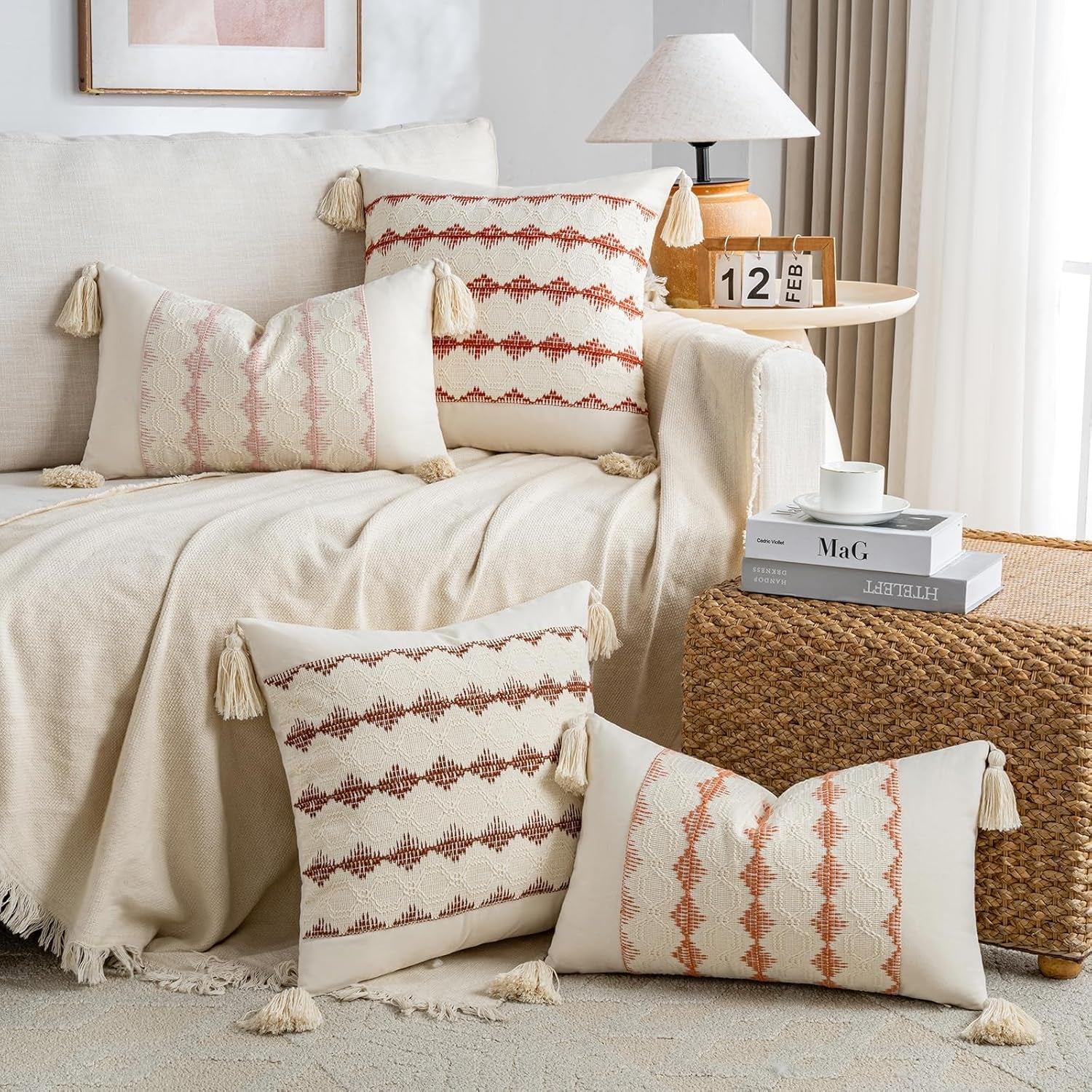 Set of 2 Boho Coral Lumbar Decorative Throw Pillow Cover 12X20 Inch for Couch Bed Sofa Chair, Modern Organic Farmhouse Home Decor, Cotton Cute Accent Rectangle Cushion Case with Tassels