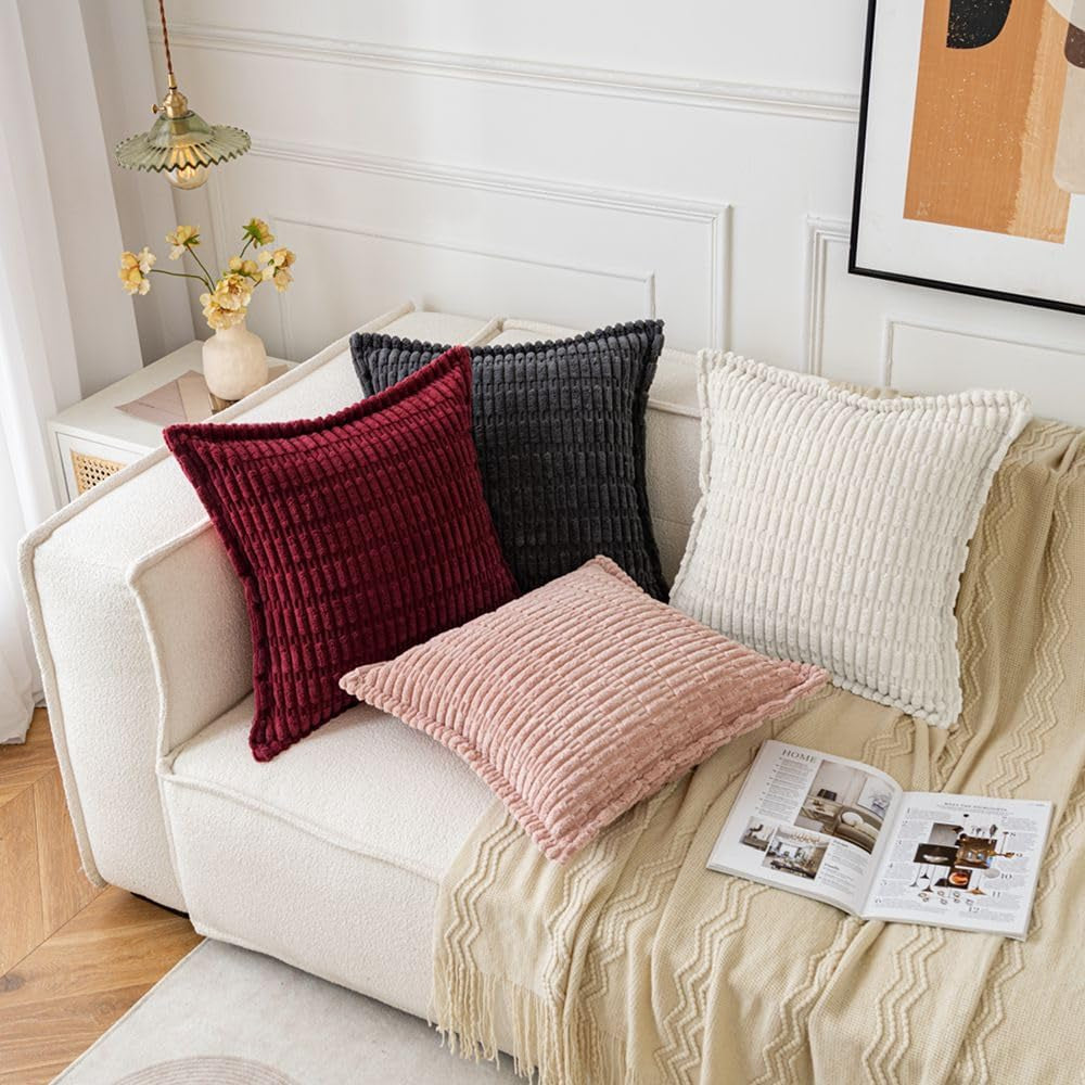 Pure White Corduroy Decorative Throw Pillow Covers Pack of 2 Soft Striped Pillows Pillowcases with Broad Edge Modern Winter Cute Boho Home Decor for Couch Sofa Bed 18X18 Inch