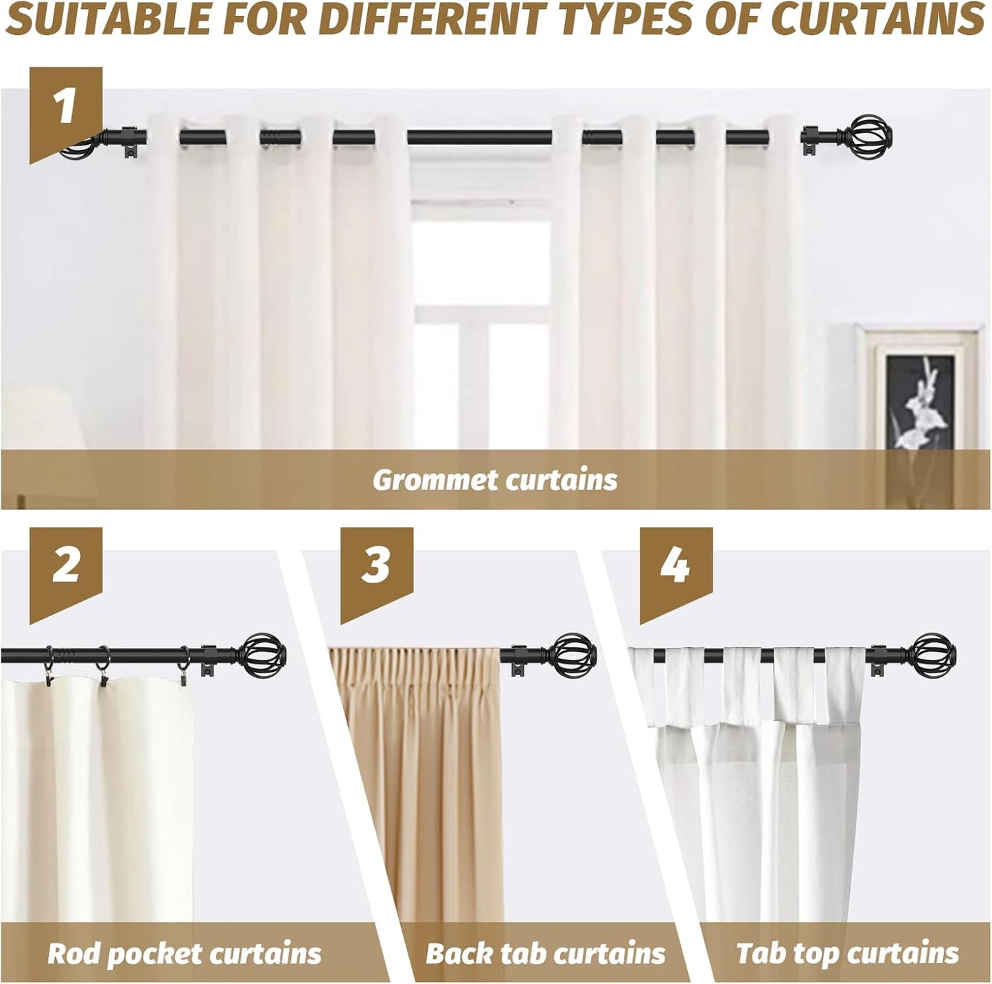 Curtain Rods for Windows 28 to 48 Inches,Black Adjustable 5/8 Inch Curtain Rod for Bedroom, Small Decorative Drapery Rods with Twisted Cage Finals