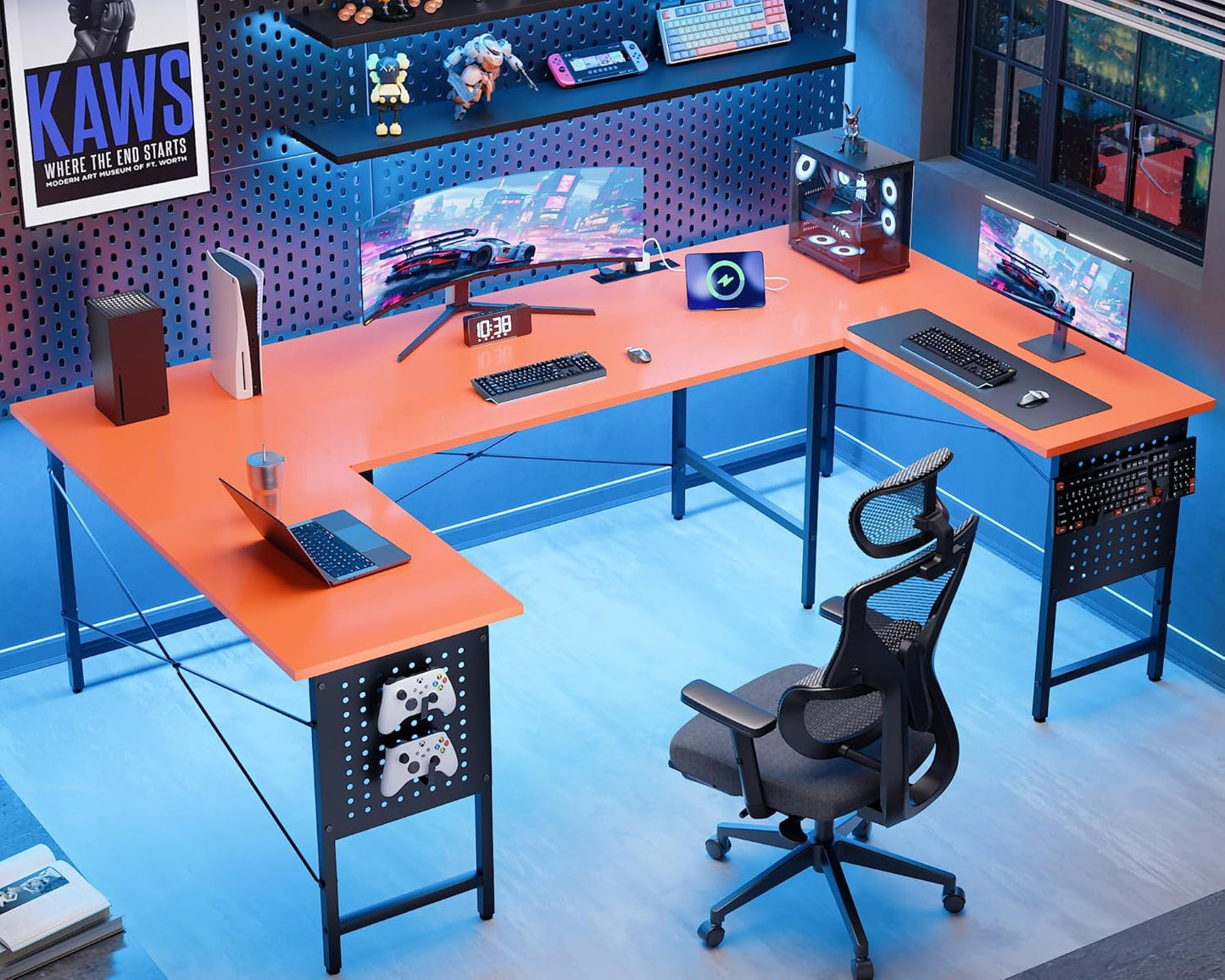 71 Inch Large Computer Desk with Power Outlets,U Shaped Corner Desk for Home Office Work and Gaming Orange