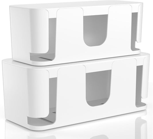 2 Pack Cable Management Box, Stylish Cord Organizer for Desk, Pet & Child-Proof ABS Cords Hider Box, under Desk Cable Box for Computer Router USB Hub & Power Strip, White