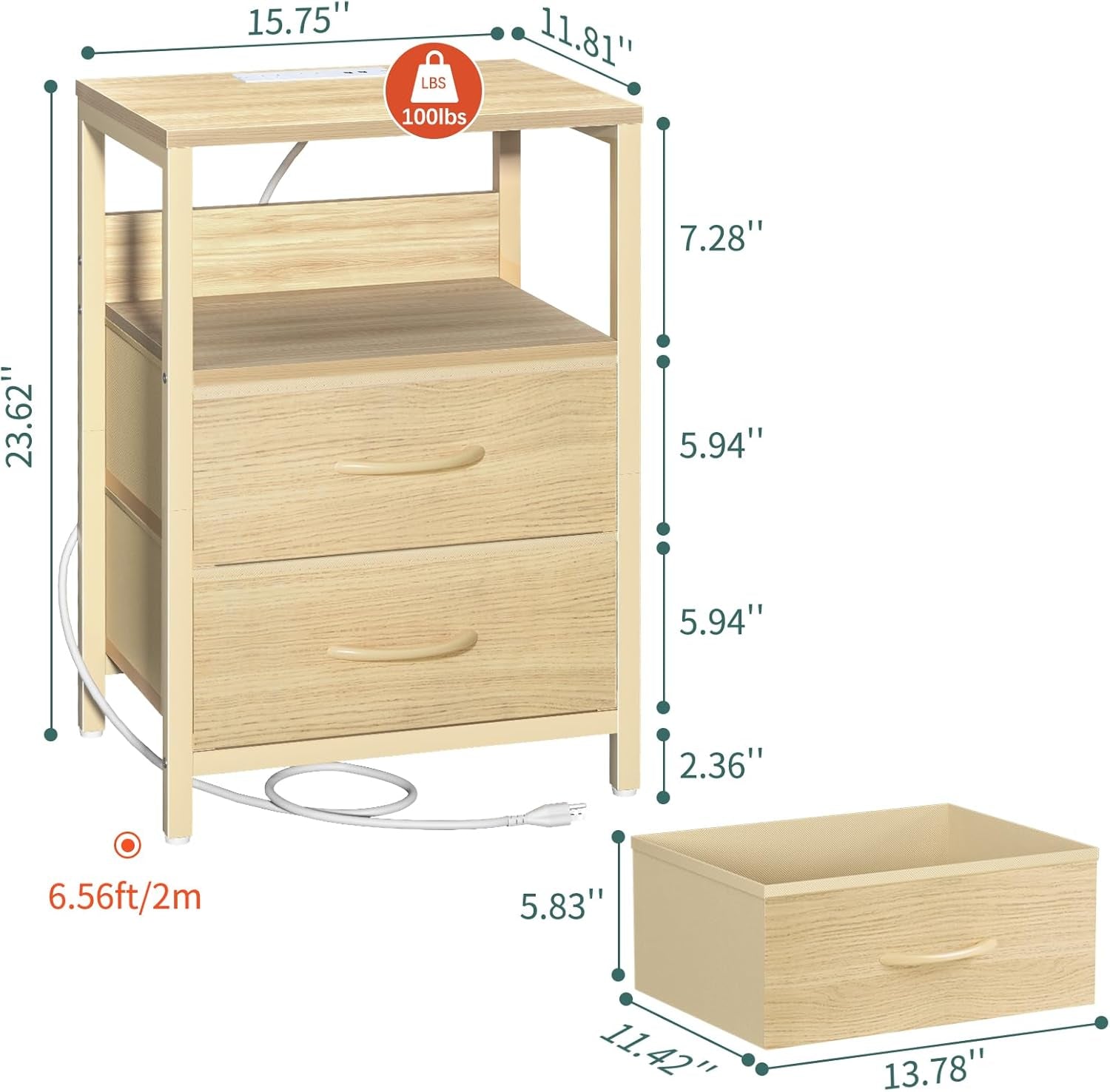 Nightstand with Charging Station, Small Night Stand with Fabric Drawers and Storage Shelf for Bedrooms, Nightstands for Small Spaces, Bedside Table with USB Ports & Outlets, Bed Side Table