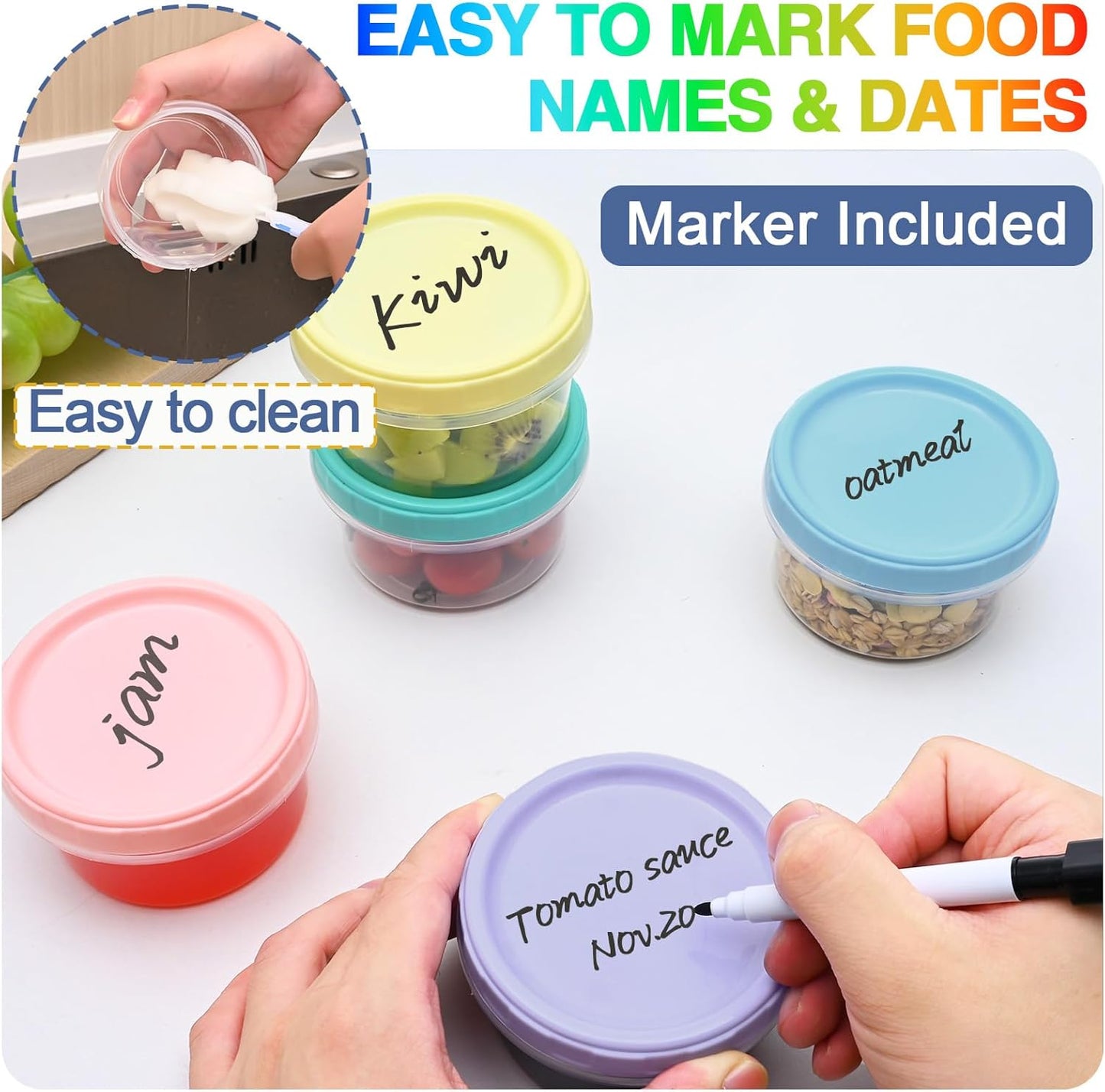 12Pcs 8 Oz Plastic Containers with Screw Lids, Reusable Clear Food Storage Containers with Pen and Brush for Snack Salad Fruit, Leakproof Small Freezer Containers, Microwave & Dishwasher Safe