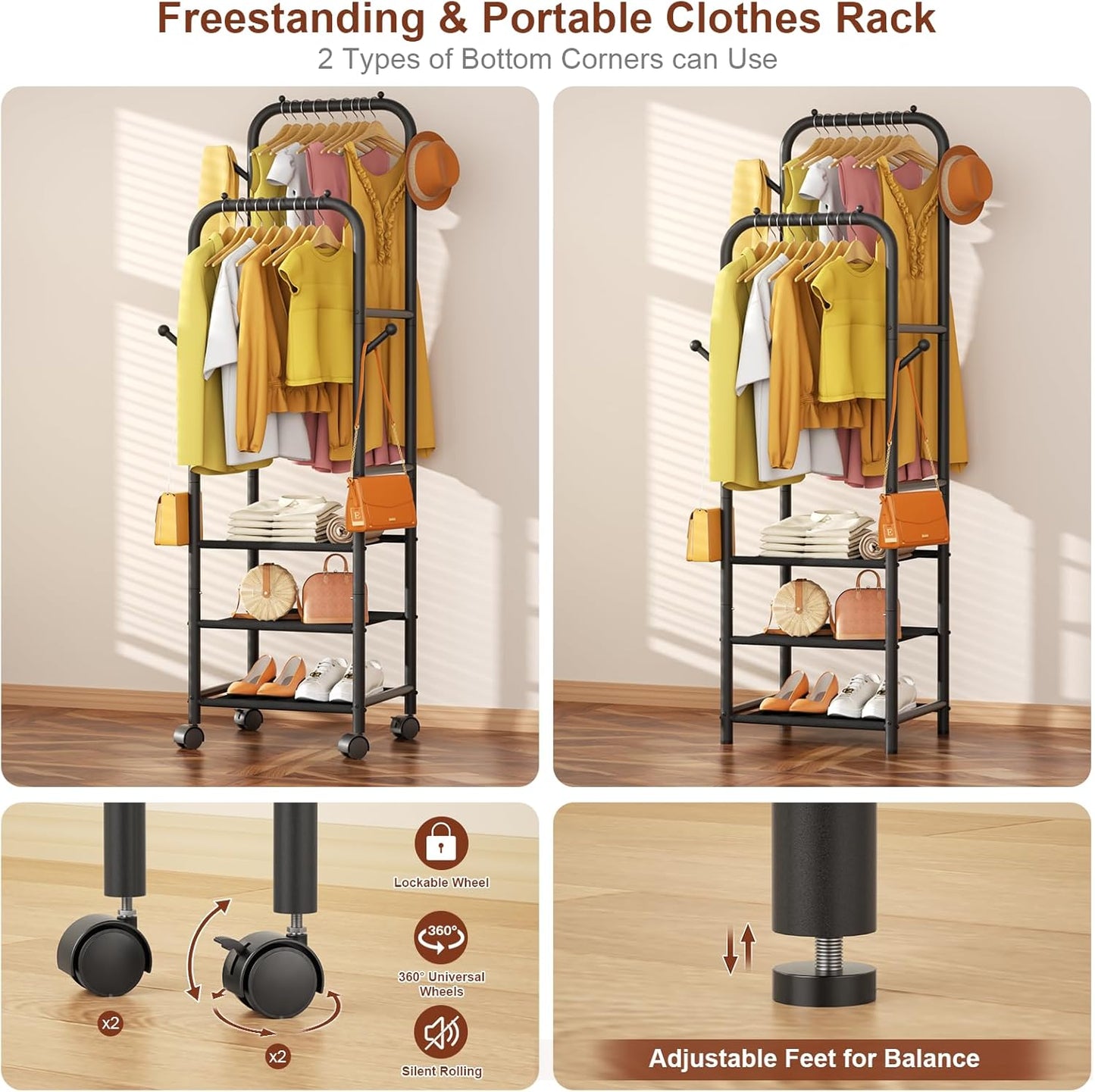 Rolling Clothing Racks for Hanging Clothes, Double Rods Clothes Rack with Wheels, Sturdy Coat Racks,Portable Metal Garment Rack for Bedroom Laundry Living Room, Black
