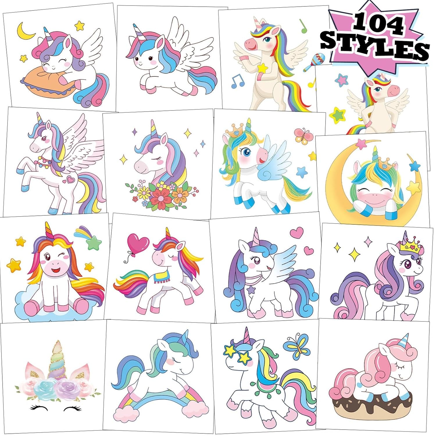104 PCS Unicorns Temporary Tattoos for Kids Girls Birthday Party Decorations, Unicorns Fake Temp Tattoos Party Favors Party Supplies