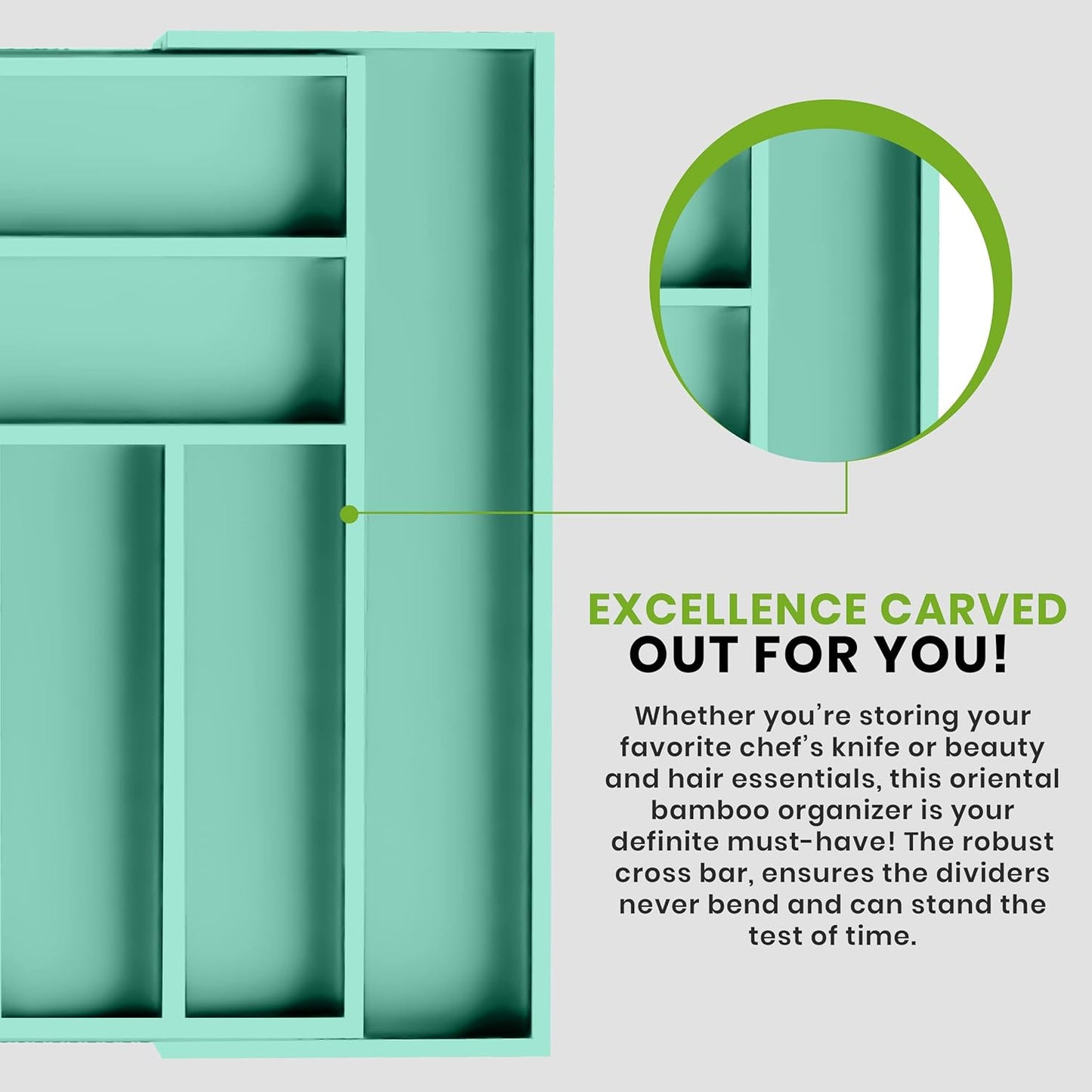 Expandable Bamboo Utensil Drawer Organizer, Silverware Organizer for Cutlery, Utensils, Flatware Holder (6-8 Slots, Mint) Pack of 1