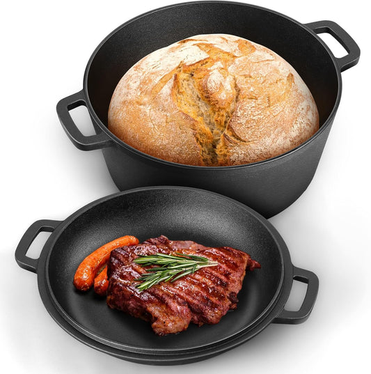 5Qt Dutch Oven Pot for Bread Baking (Black), 2 in 1 round Cast Iron Dutch Oven with Lid Set, Skillet & Pot for Roasting Braising Stewing Frying Simmering, Multi Stoves & Oven Safe