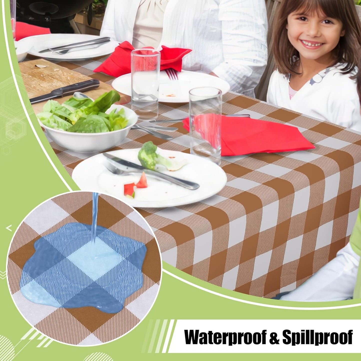 Waterproof Vinyl Rectangle Tablecloth with Flannel Backing, Wipeable Buffalo Plaid Design for Indoor and Outdoor Dining (Brown & White, 60" x 84")