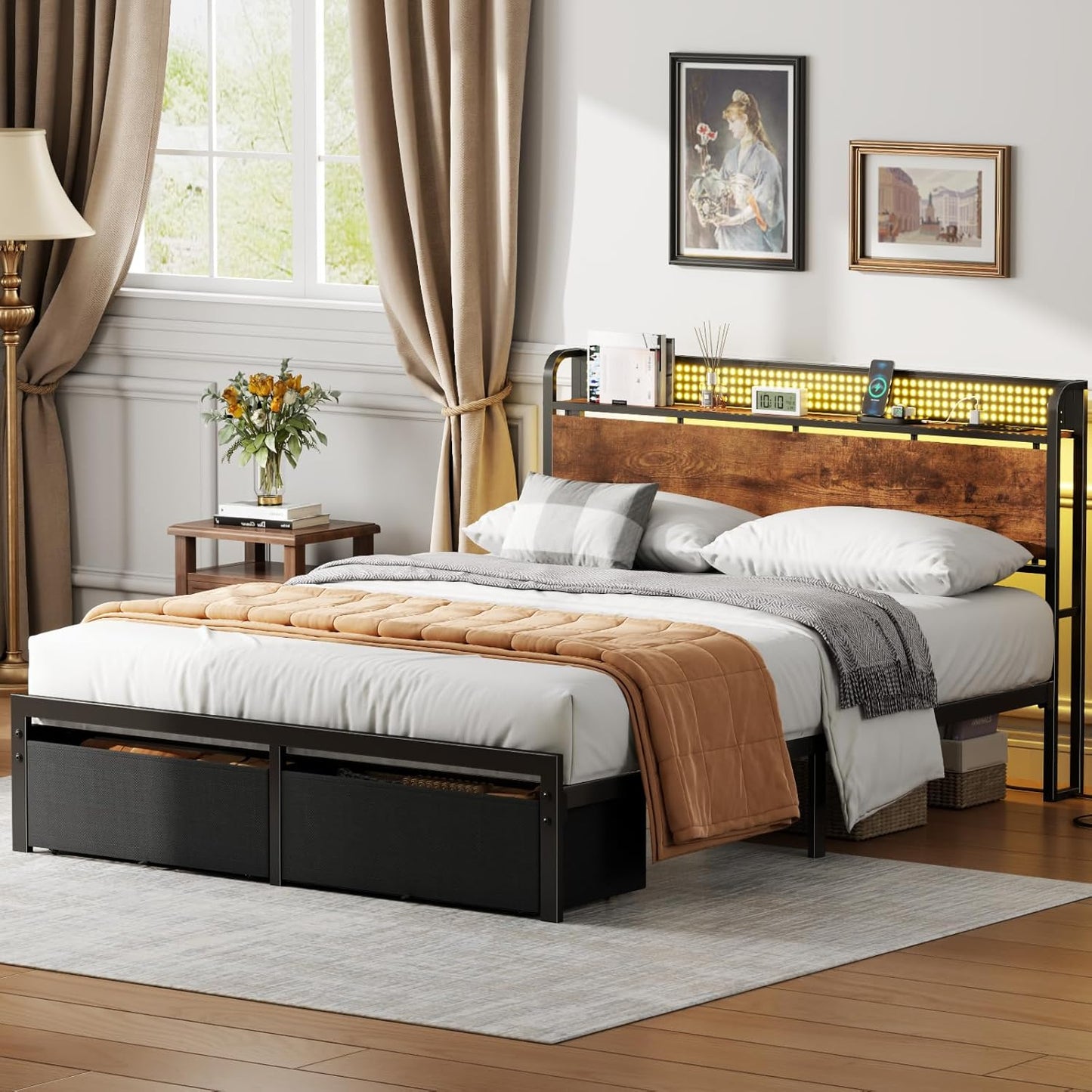 Queen Size Platform Bed Frame with Headboard, Integrated Storage Drawers, Charging Station, LED Lighting, No Box Spring Required, Noise-Free Design