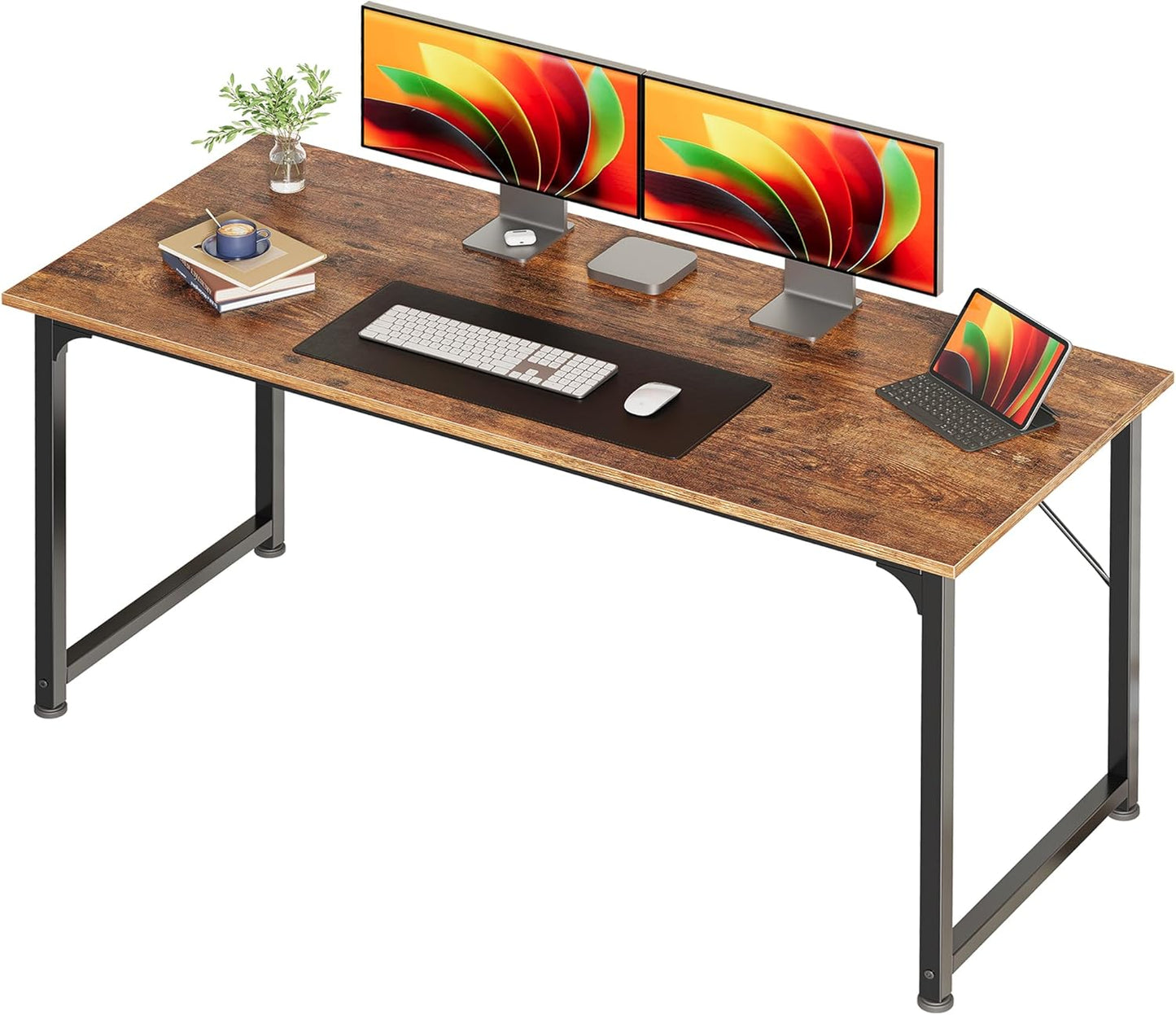 55-Inch Modern Home Office Desk with Sturdy Metal Frame and Ample Legroom, Rustic Brown Finish, Ideal for Gaming and Writing