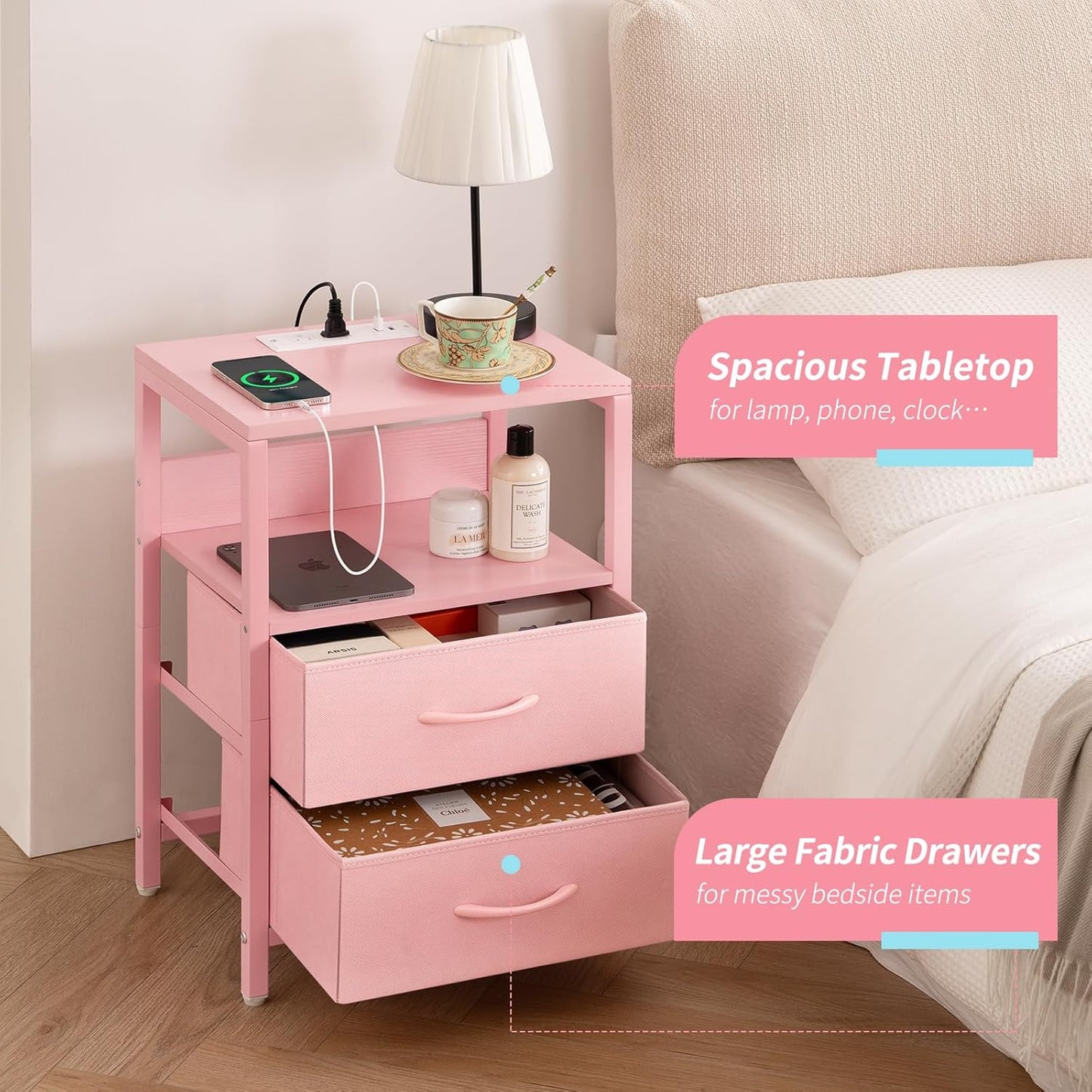 Nightstand with Charging Station, Small Night Stand with Fabric Drawers and Storage Shelf for Bedrooms, Nightstands for Small Spaces, Bedside Table with USB Ports & Outlets Bed Side Table