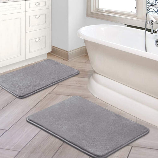 Bath Mat Memory Foam Set Bathroom Rug Set Flannel Velvety Bath Mat Luxury Extra Soft and Absorbent Non Slip Rugs for Bathroom/Bedroom Washable(2 Pack- 20"X 32"/ 17"X 24", Grey)