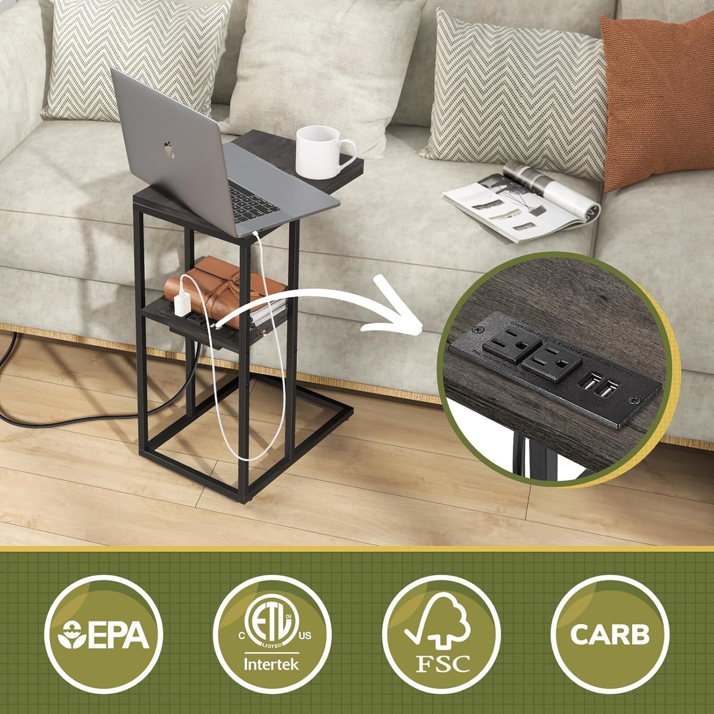 C Shaped End Table with Charging Station for Living Room, Bedroom, Sofa Table with USB Ports and Outlets for Small Spaces, C Couch Rustic Snack Bed Table, Charcoal Gray
