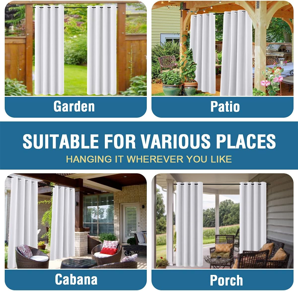 White Indoor Outdoor Curtains for Patio Waterproof Stainless Steel Silver Grommet Thermal Insulated Light Blocking Outdoor Drapes for Deck/Gazebo, Pure White, 52X108 Inch, 1 Panel