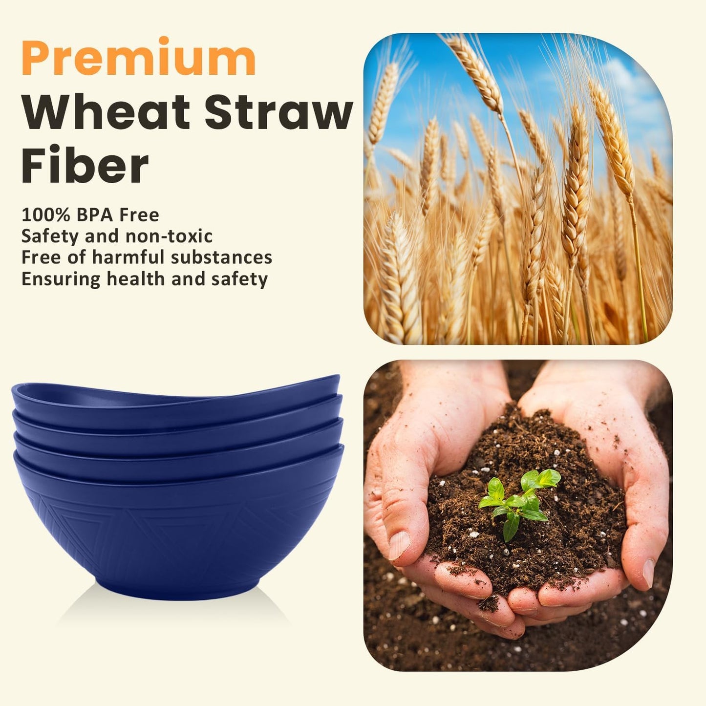 Wheat Straw Oval Serving Bowls, 9.6 Inches, Set of 4 - Dark Blue, 60 OZ Capacity, Microwave and Dishwasher Safe, Perfect for Salads, Popcorn, and Events