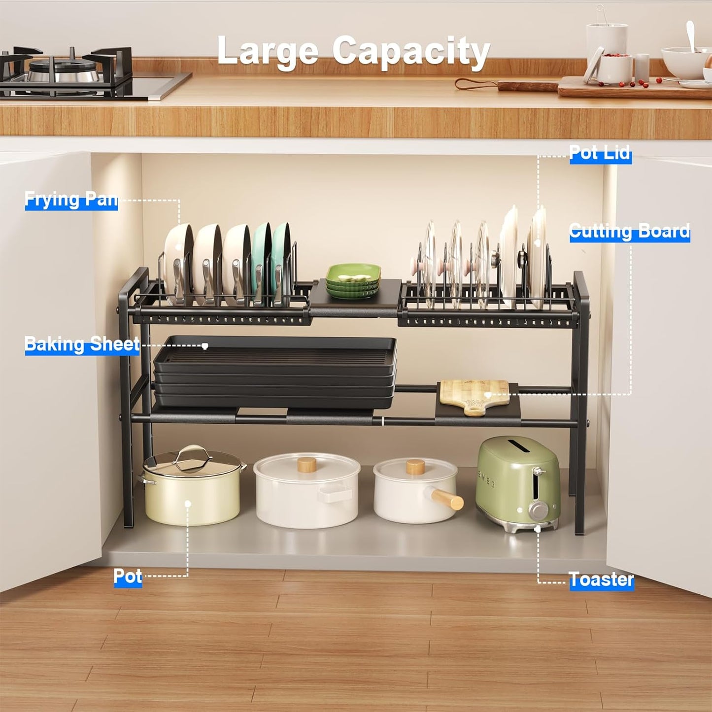 Pots and Pans Organizer under Cabinet, Expandable 2 Tier under Sink Organizers and Storage Adjustable Height Kitchen Pot and Pan Lid Holder Rack with 12 Dividers under Cabinet Shelf(Black)