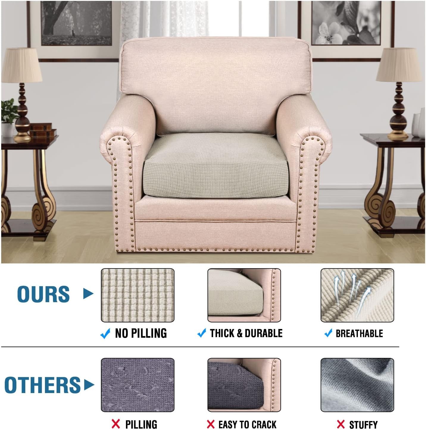 Stretch Couch Cushion Covers Individual Seat Sofa Chair Slipcovers Cushion Protector Cover Featuring Jacquard Textured Twill Fabric(1 Cushion Chair Cover, Island Fossi)