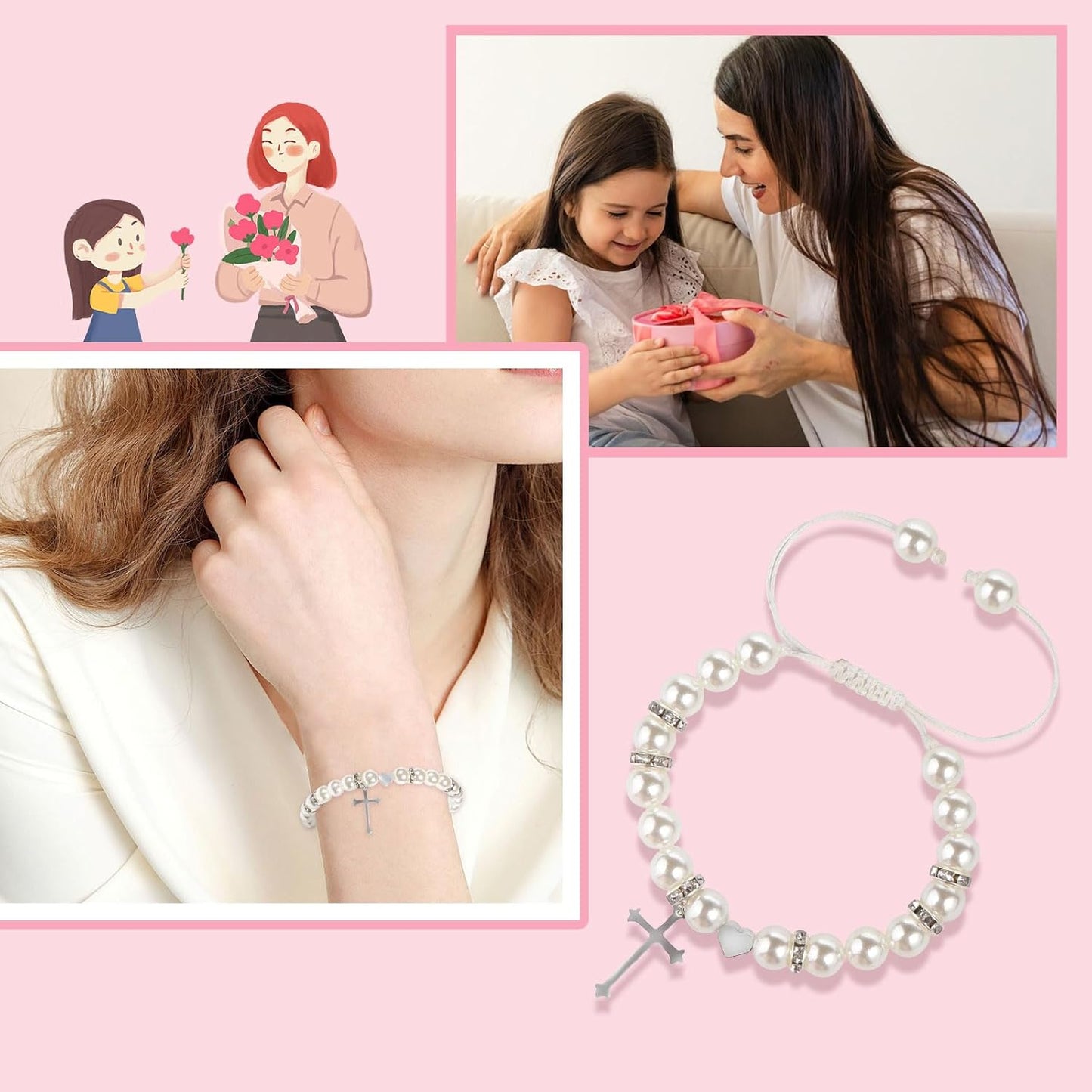 Pink Pearl and Rhinestone Bracelet Cross Charm Bracelet Teen Girls Jewelry Handmade Adjustable Charm Bracelet Gifts for Daughter Grandddaughter