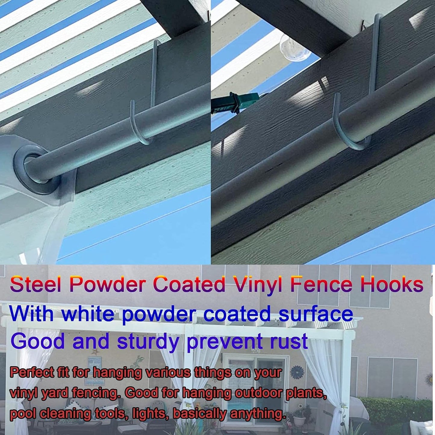12-Pack Vinyl Fence Hangers - 2 x 6 Inch Patio Light Hooks, White Powder Coated Steel for Hanging Plants, Planters, Bird Feeders, and Lights