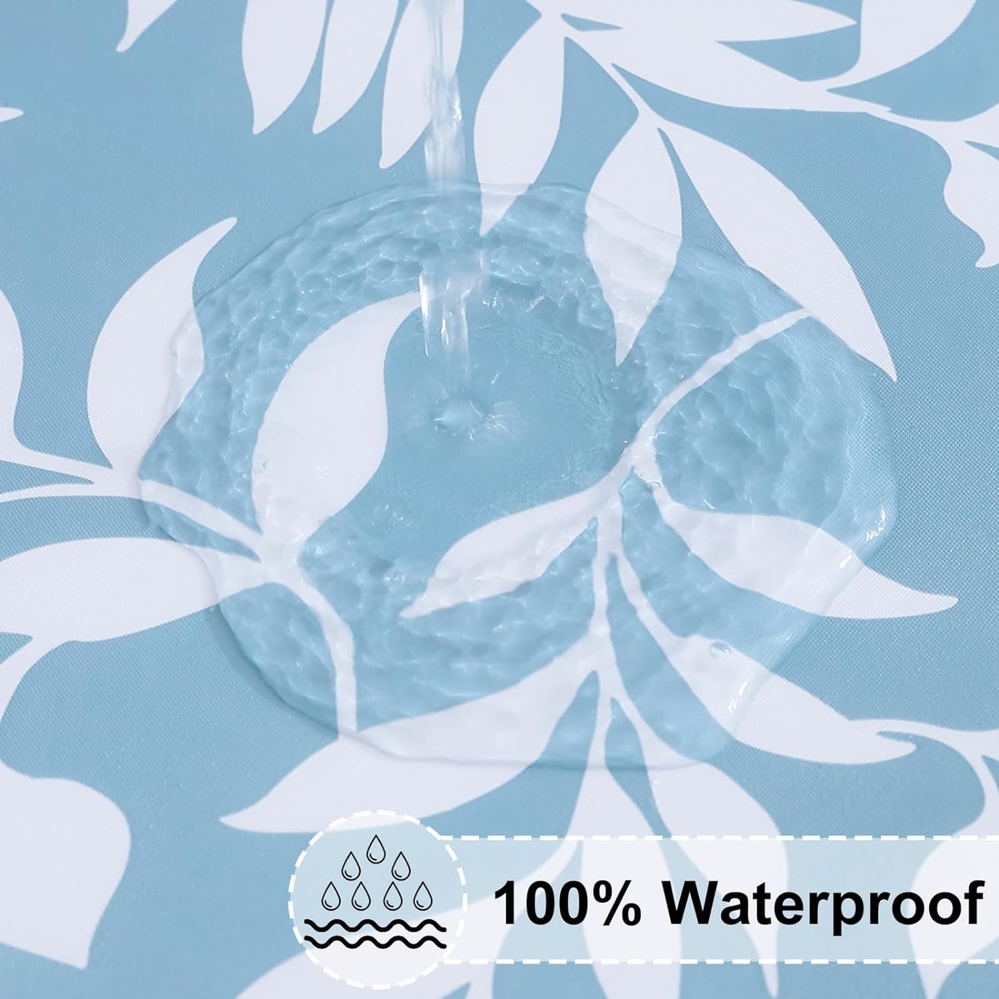 round Fitted Tablecloth with Elastic Edge, 100% Waterproof Oil Proof Plastic Table Cover, Vinyl Flannel Backed Tablecloth Fits 36"-44" round Tables for Dinner, Outdoor, Picnic, Blue Leaves