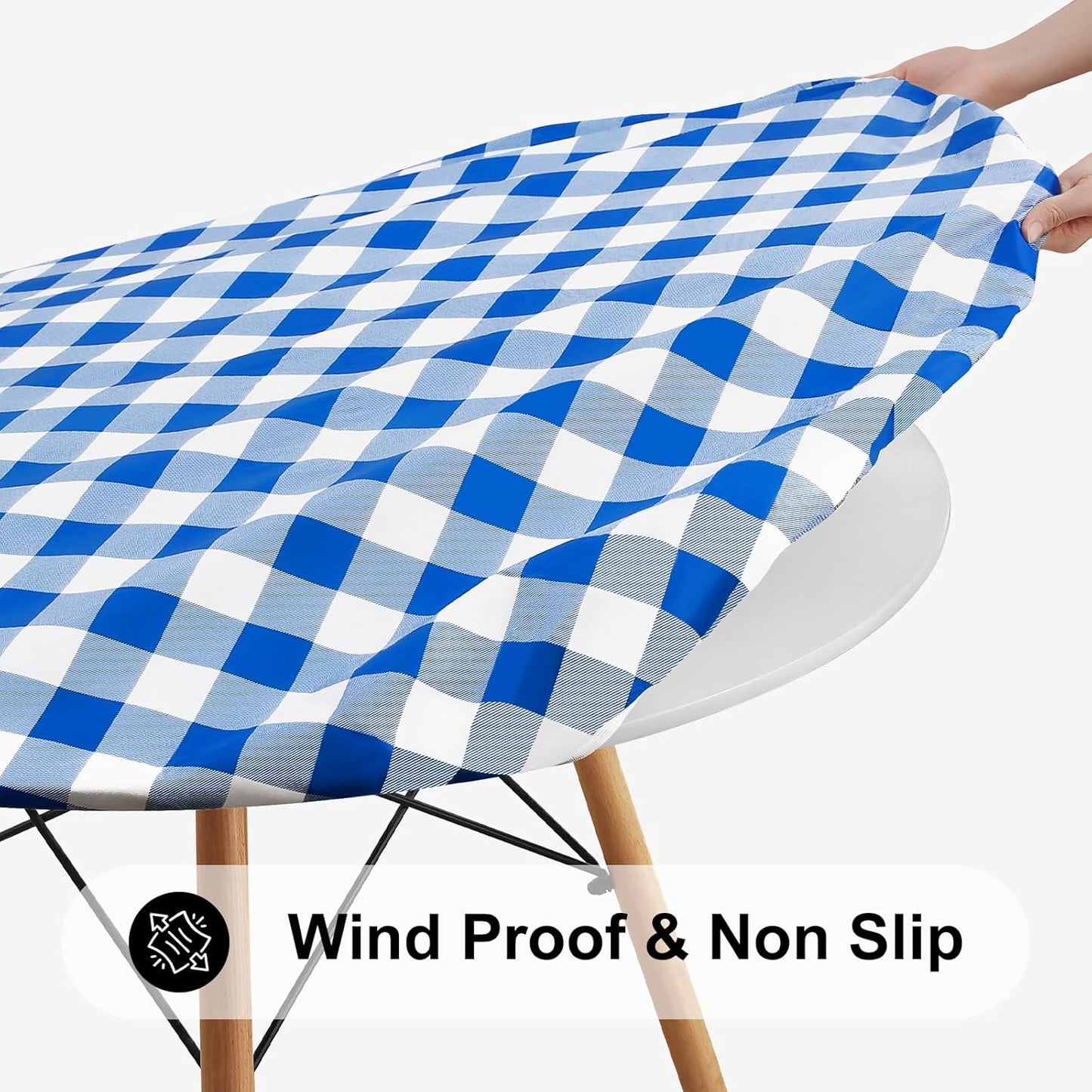 round Picnic Tablecloth, Elastic Waterproof Fitted Vinyl Tablecloths for 36"-44" Tables, Flannel Backed Buffalo Plaid Table Cover for Dining, Camping, Outdoor, White and Blue