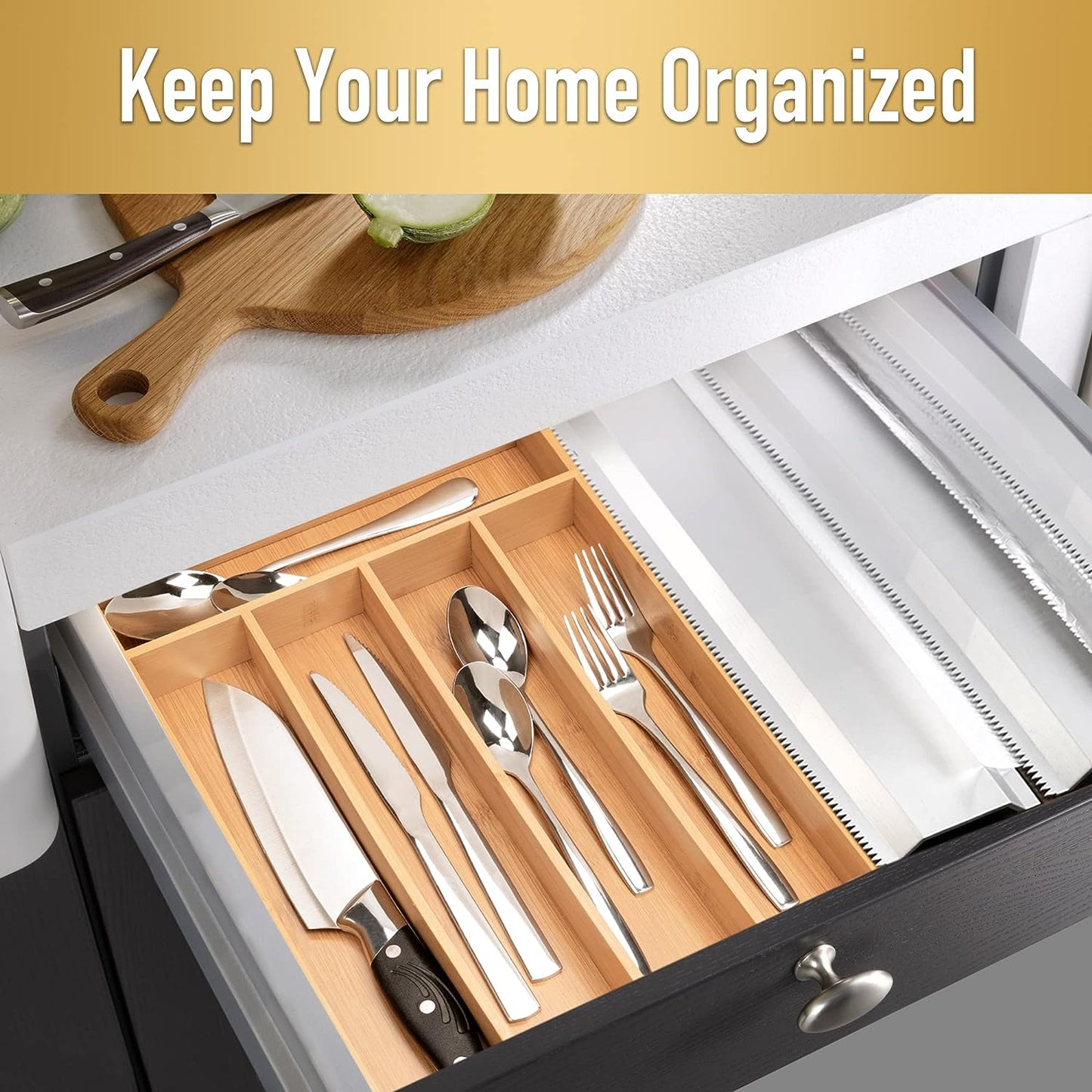 Silverware Organizer Kitchen Drawer Organizer Utensil Organizer Bamboo Silverware Holder Cutlery Organizer in Drawer Flatware Organizer Tray(5 Slots, Natural