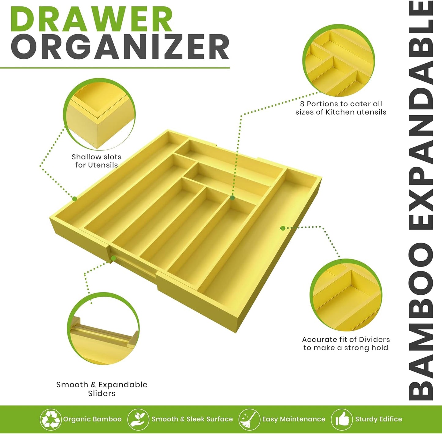 Silverware Organizer, Expandable Bamboo Utensil Drawer Organizer, Kitchen Drawer Organizer, Silverware Organizer for Cutlery, Utensils, Flatware Holder (6-8 Slots, Yellow) Pack of 1